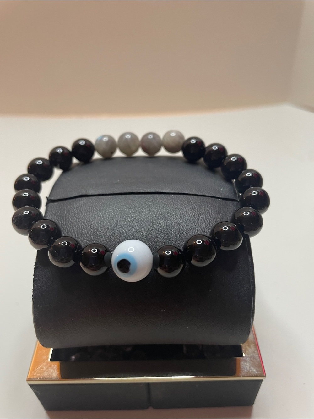 Beaded Evil Eye Stretch Bracelet in Black and Gray